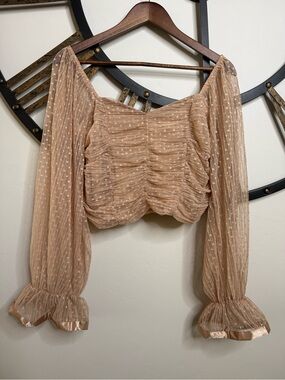 Love By Design Sheer Ruched Dot Crop Top - Beige